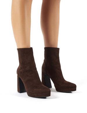 Tegan Brown Faux Suede Flare Heeled Ankle Boots