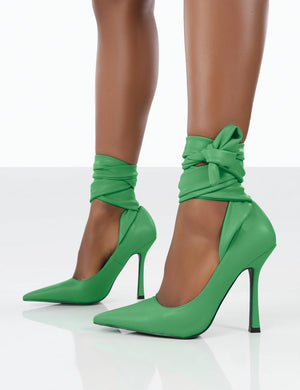 Thames Green PU Lace Up Ribbon Pointed Toe Court Heels