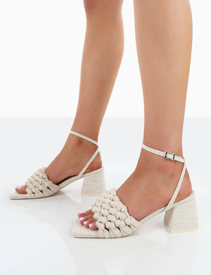 Got This Natural Linen Woven Square Toe Block Mid Heeled Mule Sandals
