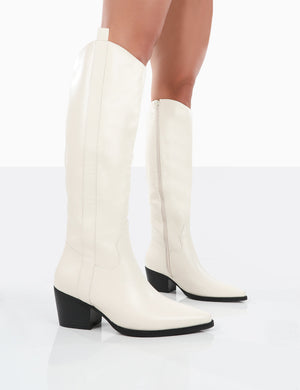 Texas Ecru PU Knee High Pointed Toe Heeled Western Cowboy Boots