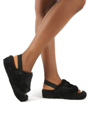 Dreams Black Strap Back Faux Fur Fluffy Slippers