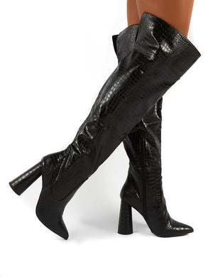 Hometown Wide Fit Black Croc Over The Knee Heeled Boots
