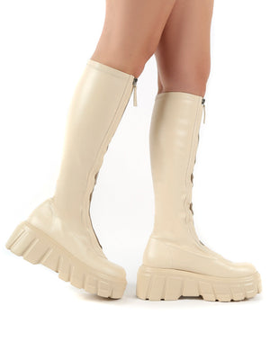 Quest Ecru Zip Up Chunky Sole Knee High Boots