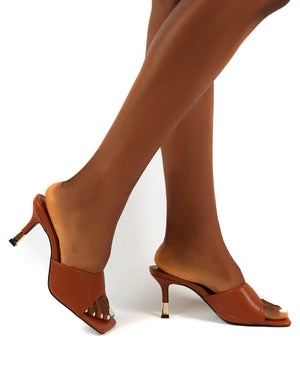 Vogue Tan Gold Heel Detail Square Toe Mules Sandals