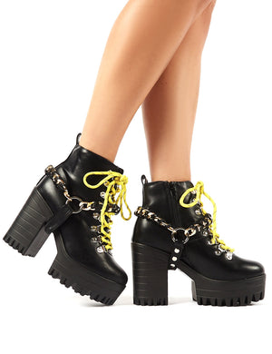 Bribe Black Lace Up Cleated Platform Chunky Heeled Ankle Boots