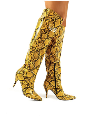 Nicole Yellow Snakeskin Slouch Knee High Boots