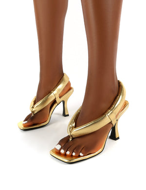 Alina Gold PU Square Toe Padded Toe Thong Heels