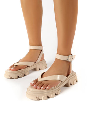 Deputy Bone PU Chunky Sole Ankle Wrap Thong Strap Sandals