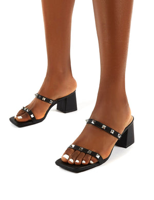 Forever Black Square Toe Studded Strap PU Block Heel Mule Sandals