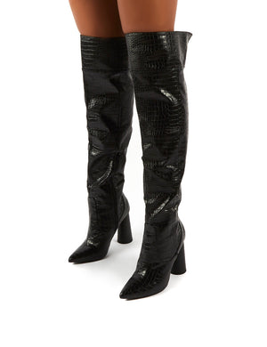Hometown Wide Fit Black Croc Over The Knee Heeled Boots