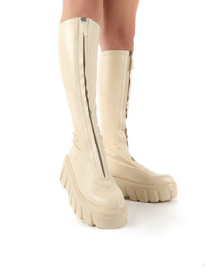Quest Ecru Zip Up Chunky Sole Knee High Boots