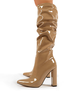 Yours Camel Patent Heeled Knee High Block Boots