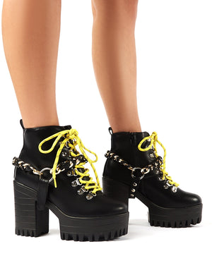 Bribe Black Lace Up Cleated Platform Chunky Heeled Ankle Boots