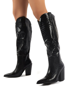 Grenade Black Croc Western Heeled Knee High Boots