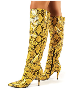 Nicole Yellow Snakeskin Slouch Knee High Boots