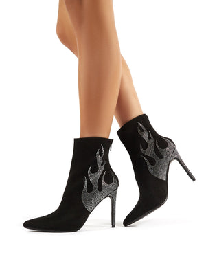 On Fire Black Suede Diamante Flame Heeled Ankle Boots
