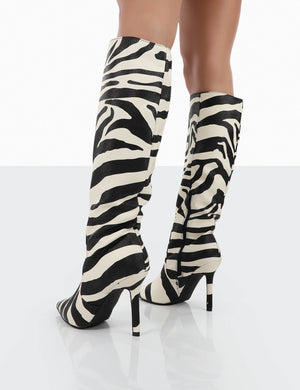 Best Believe Zebra PU Pointed Toe Heeled Knee High Boots