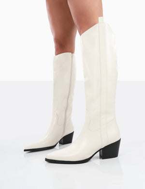 Texas Ecru PU Knee High Pointed Toe Heeled Western Cowboy Boots