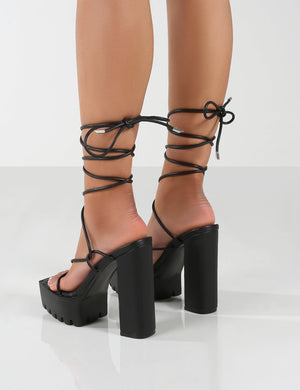 Certified Black Chunky Platform Lace Up Heels
