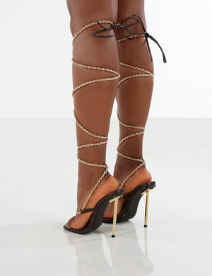 Amber x Public Desire Goldenhour Chocolate Strappy Chain Stiletto Heels