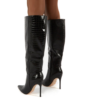 Go Wide Fit Black Knee High Pointed Toe Stiletto Heeled Boots