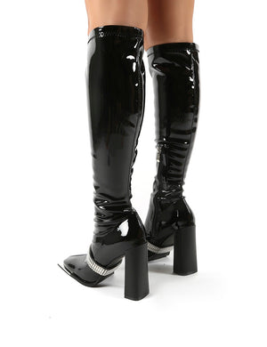 Manic Black Removable Chain Detail Knee High Heeled Boots
