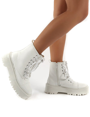 Blake White PU Lace Up Chunky Sole Ankle Boots