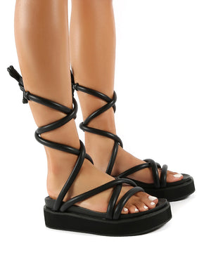 Jolly Black PU Weaved Ankle Strap Detail Chunky Sandals