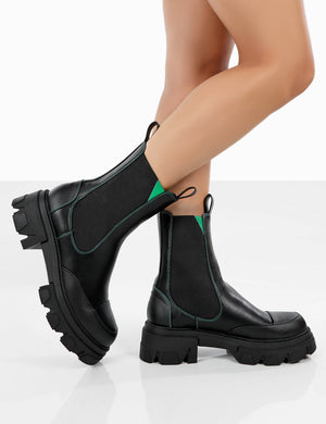 Kenza x Public Desire Fierce Black Chunky Sole Green Upper Chelsea Boots