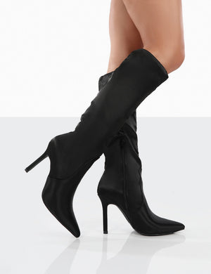 Best Believe Black Satin Pointed Toe Heeled Knee High Boots