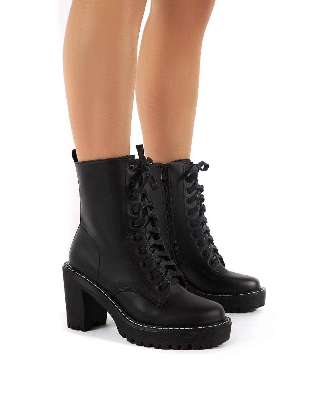 Fearne Black Lace Up Chunky Heeled Ankle Boots Public Desire