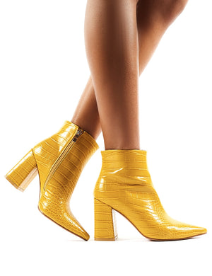 Hollie Pointed Toe Ankle Boots in Mustard Croc