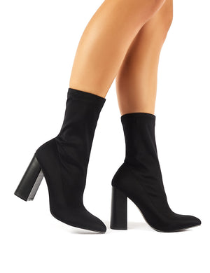 Libby Flared Heel Sock Fit Ankle Boots in Black Stretch | Public Desire