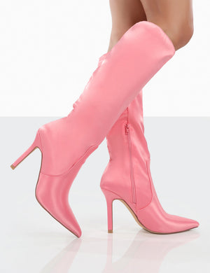 Best Believe Pink Satin Pointed Toe Heeled Knee High Boots