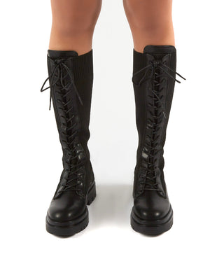 Embark Black Chunky Sole Knee High Lace Up Boots