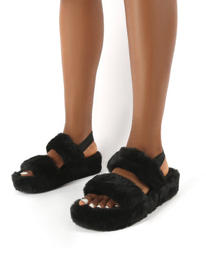 Dawn Black Strap Back Faux Fur Fluffy Slippers