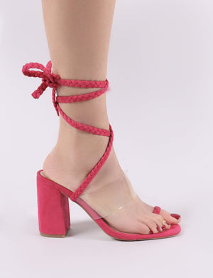 Mia Lace Up Block Heeled Sandals in Fuchsia Faux Suede