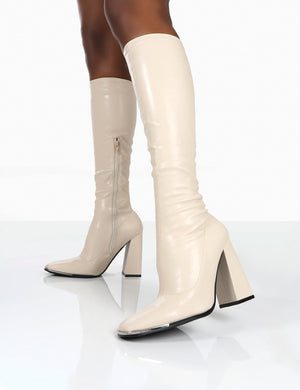 Caryn Stone PU Knee High Heeled Boots