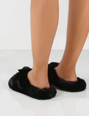 Fluffy Black Faux Fur Cross Over Slipper