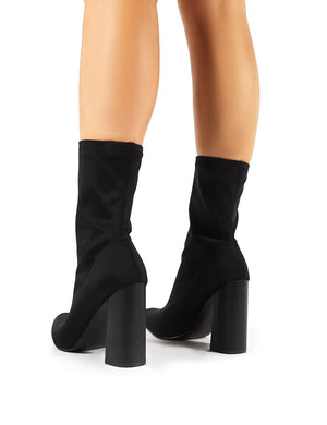 Libby Flared Heel Sock Fit Ankle Boots in Black Stretch | Public Desire