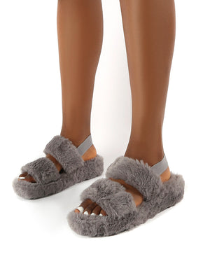 Dawn Grey Strap Back Faux Fur Fluffy Slippers