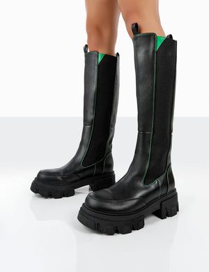 Kenza X Public Desire Survive Black Pu Chunky Sole Green Upper Knee High Boots