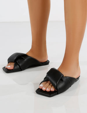 Apricot Black PU Twisted Padded Strap Flat Sandals