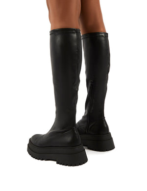 Haunt Black PU Knee High Chunky Sole Boots | Public Desire