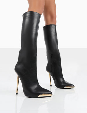 Tala Black PU Pointed Toe Siletto Heel Knee High Boots