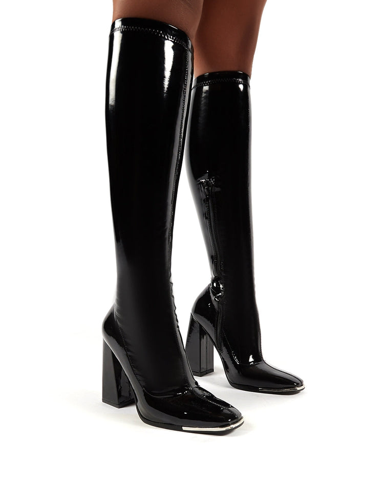 Caryn Black Vinyl Block Heeled Knee High Boots | Public Desire
