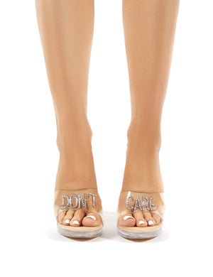 Don't Care Nude Diamante Slogan Clear Perspex Block Heeled Mules