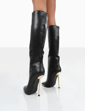 Tala Black PU Pointed Toe Siletto Heel Knee High Boots