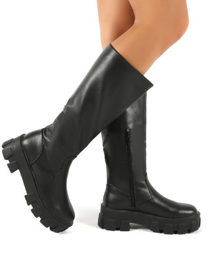 Karma Black Matte Chunky Sole Knee High Boots