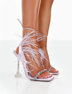 Serenity Lilac Fluffy Faux Feather Square Toe Dimante Party Heels